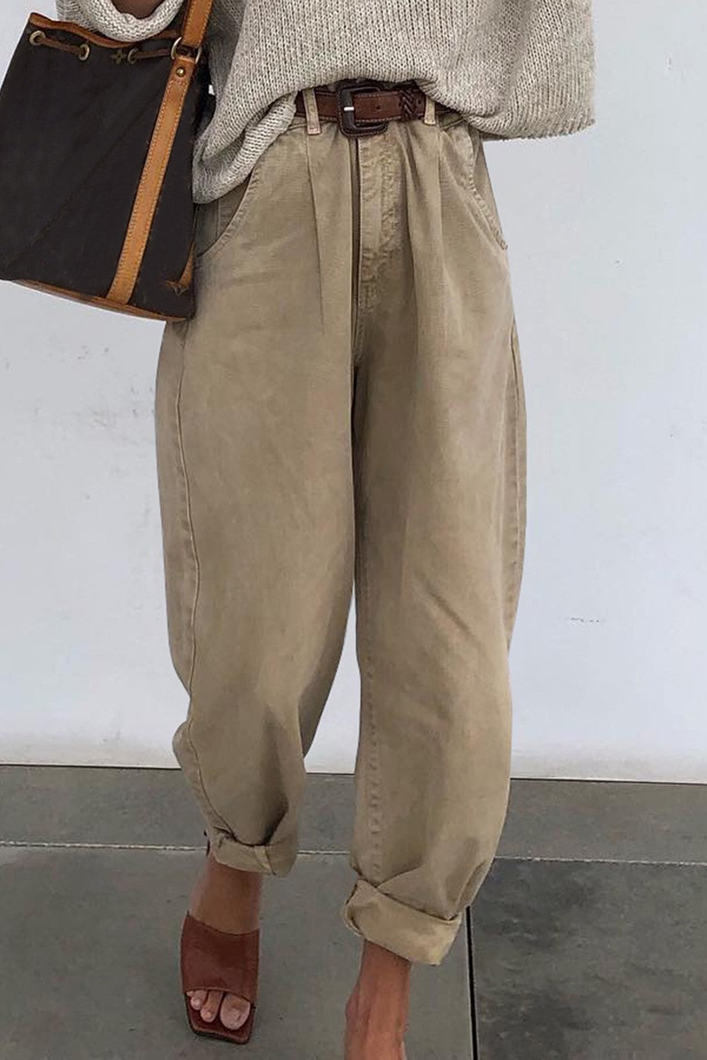 High Waisted Long Pant in Khaki, featuring a straight 7/8 leg design made from high-quality cotton for comfort.