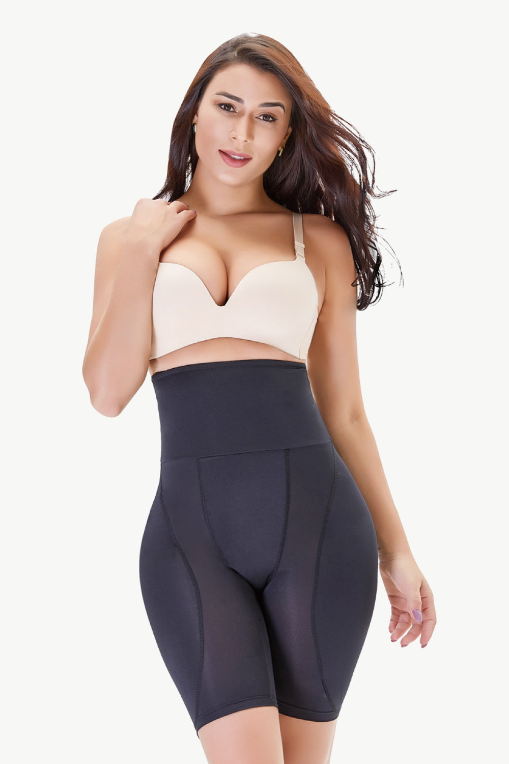 High Waisted Pull-On Shaping Shorts in solid color with elastic waistband, showcasing a flattering fit for various body types.