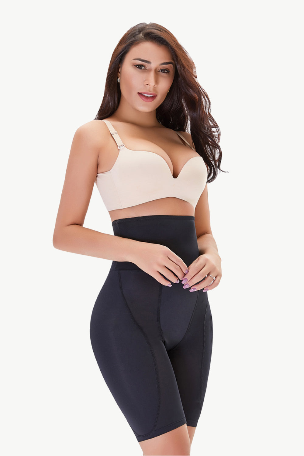 High Waisted Pull-On Shaping Shorts in solid color with elastic waistband, showcasing a flattering fit for various body types.