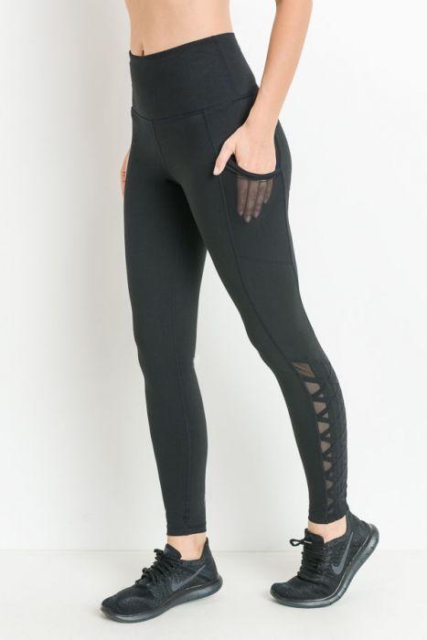 Highwaist Hybrid Mesh & Lattice Straps Full Pocket Leggings featuring stylish mesh panels and convenient side pockets.