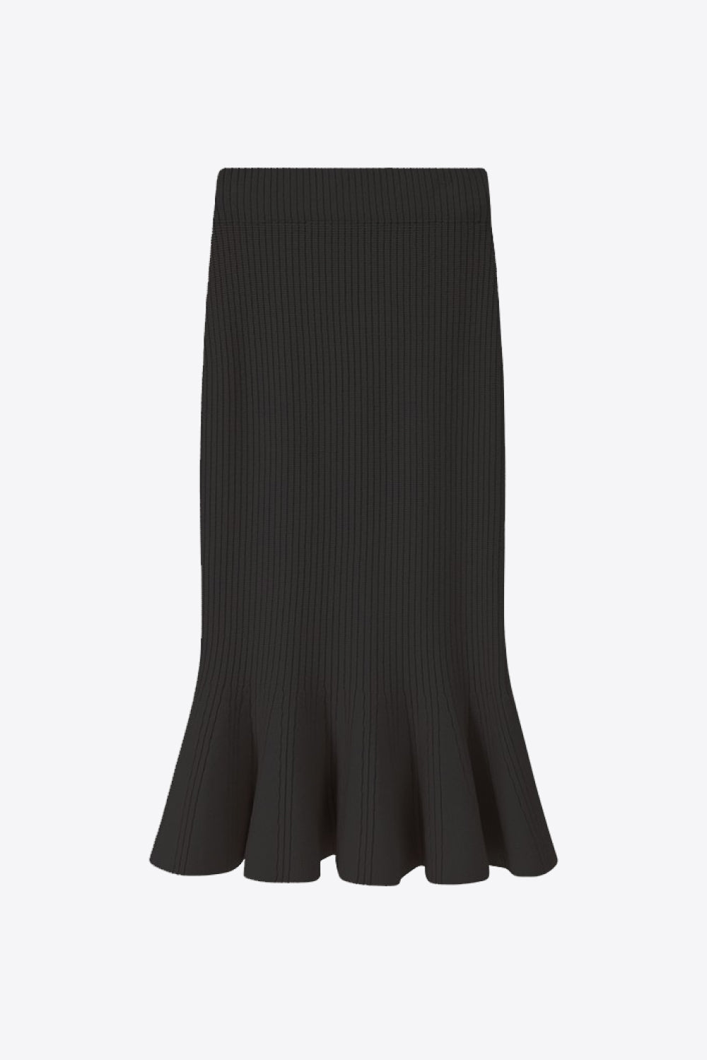 High-Waist Knit Fishtail Skirt displayed in a flat lay style, showcasing its chic ruffle detailing and solid color.