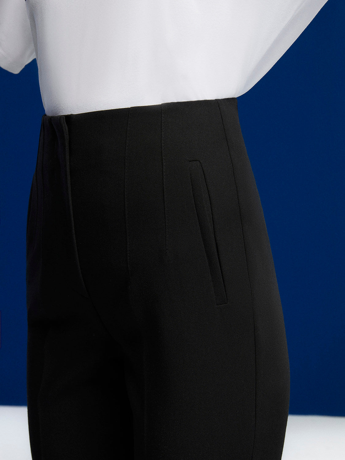 A pair of stylish high-waisted pants featuring side welt pockets and elegant pleat details, perfect for any occasion.