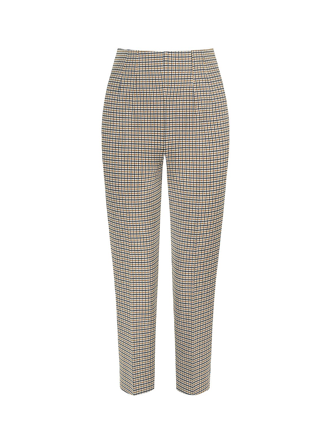 High-waisted plaid pants with tapered ankle-length fit and hidden side zip closure, showcasing a stylish design suitable for various occasions.