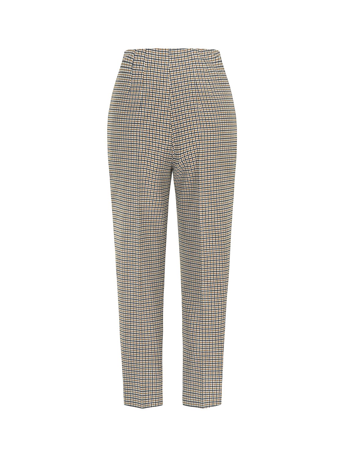 High-waisted plaid pants with tapered ankle-length fit and hidden side zip closure, showcasing a stylish design suitable for various occasions.