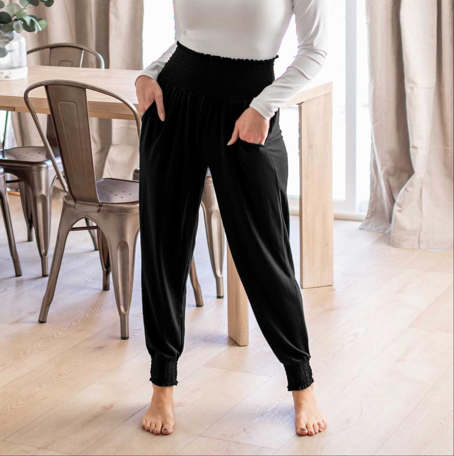 High-waisted Smocked Lounge Jogger Pants in various colors, featuring an elasticated waist and fitted ankles, perfect for lounging or casual wear.