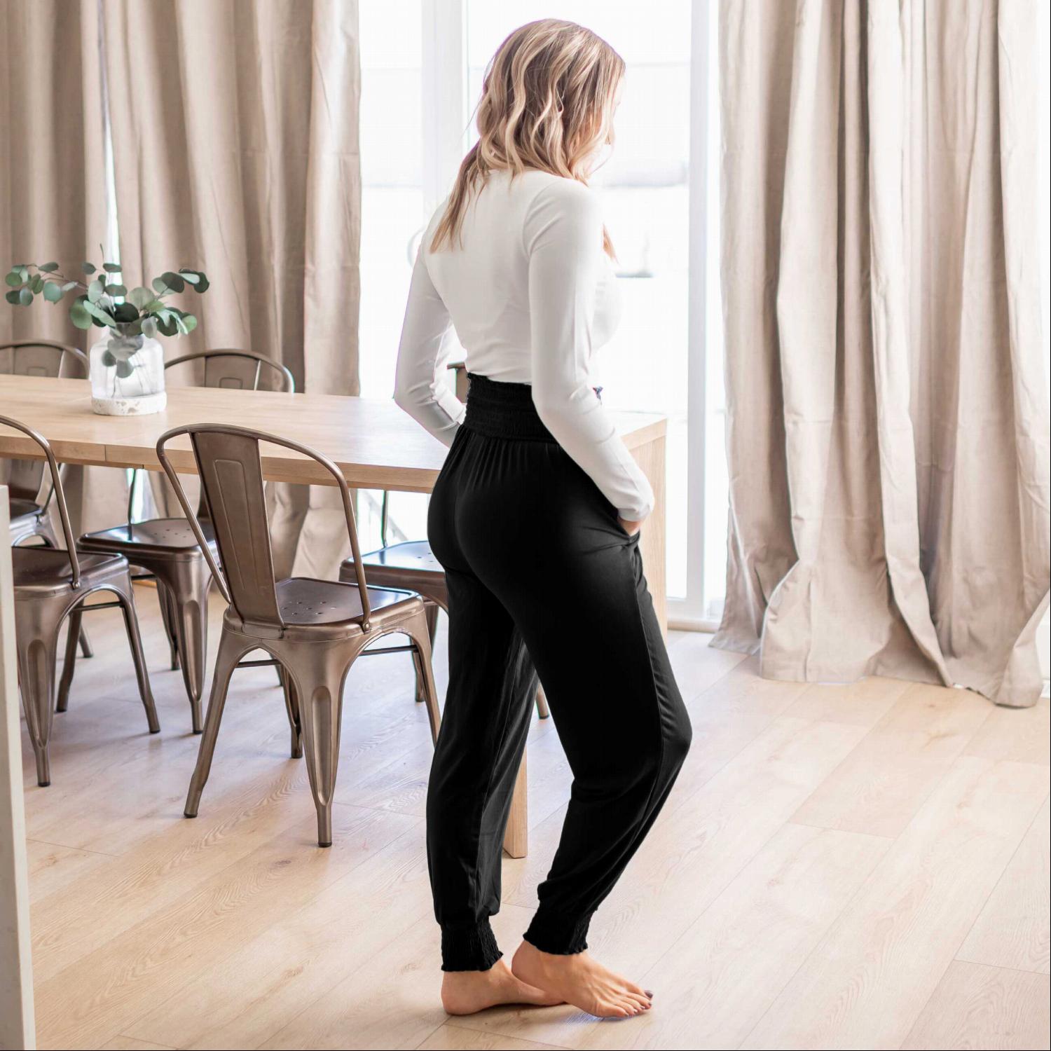 High-waisted Smocked Lounge Jogger Pants in various colors, featuring an elasticated waist and fitted ankles, perfect for lounging or casual wear.