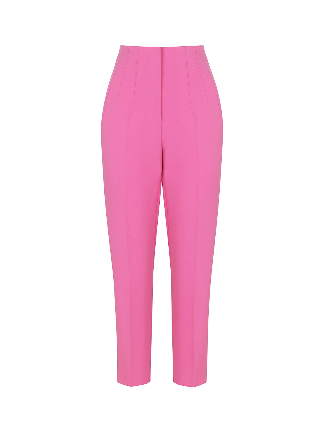 High-waisted tapered pants in vibrant orange, pink, and blue colors with side pockets and a modern fit.