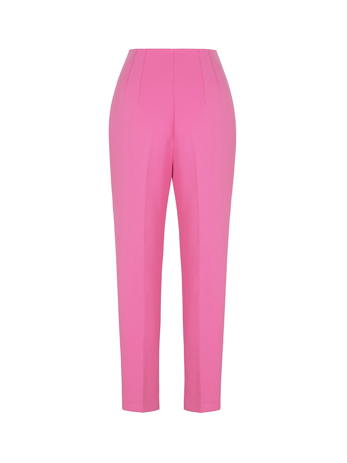 High-waisted tapered pants in vibrant orange, pink, and blue colors with side pockets and a modern fit.