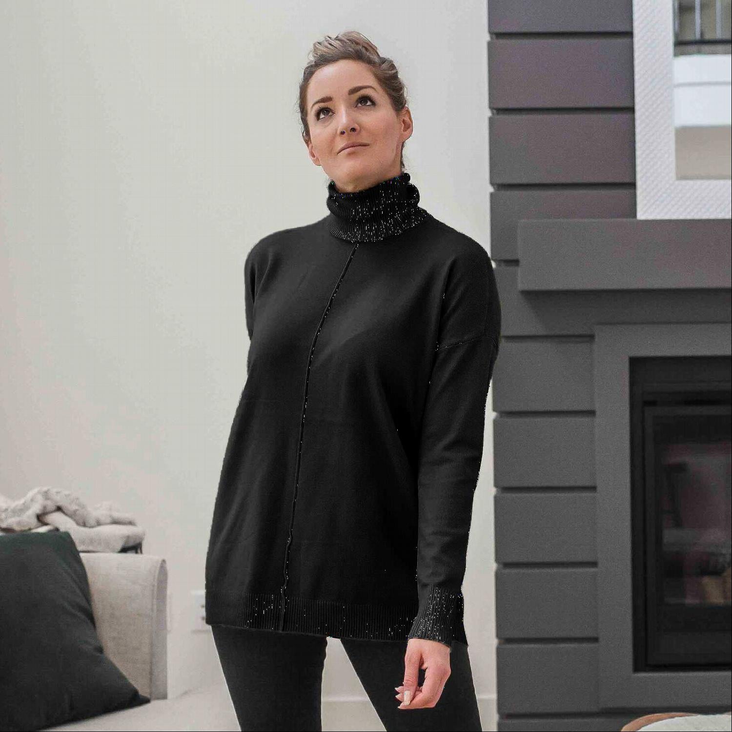 A stylish Hi-low Garment Dyed Turtleneck Sweater featuring a ribbed waistline and wrist cuffs, available in various colors.