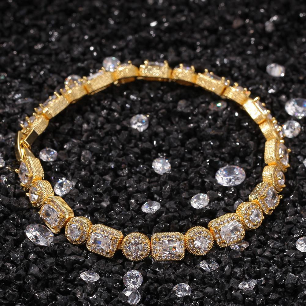 Hip Hop Bling Iced Out Cubic Zirconia Bracelet featuring a stylish iced out design in gold and silver, suitable for men and women.