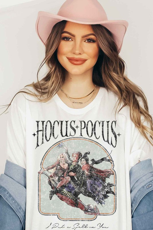 Hocus Pocus Halloween Graphic Tee featuring a vibrant design, made from premium cotton, displayed on a neutral background.