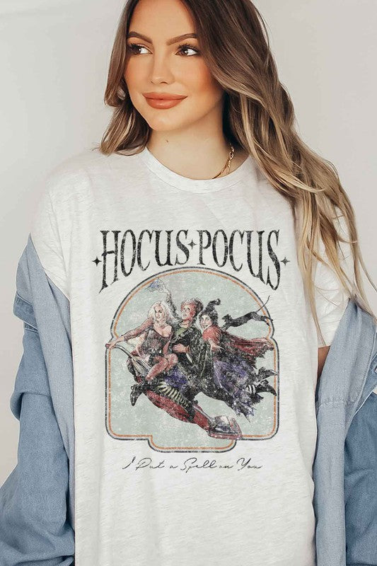 Hocus Pocus Halloween Graphic Tee featuring a vibrant design, made from premium cotton, displayed on a neutral background.