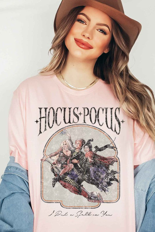 Hocus Pocus Halloween Graphic Tee featuring a vibrant design, made from premium cotton, displayed on a neutral background.