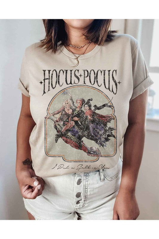 Hocus Pocus Halloween Graphic Tee featuring a vibrant design, made from premium cotton, displayed on a neutral background.