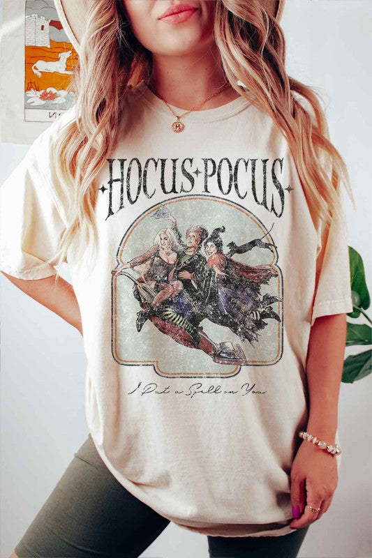 Hocus Pocus Halloween Graphic Tee featuring a vibrant design, made from premium cotton, displayed on a neutral background.