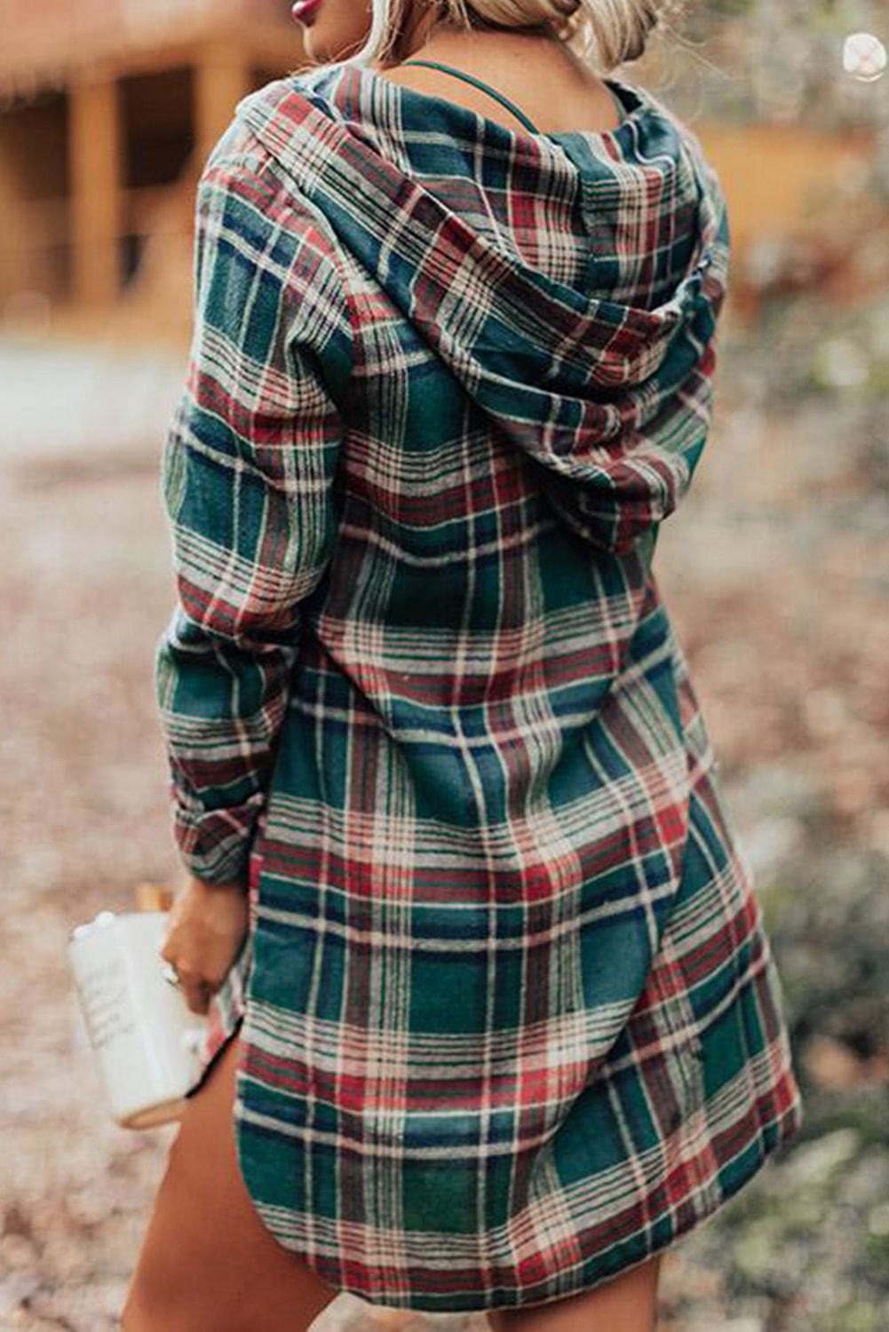 Hooded Button Placket Plaid Mini Dress featuring a high/low hem, in hunter green, red, navy, and white plaid with a drawstring hood.