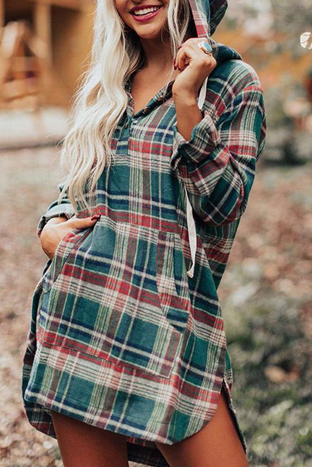 Hooded Button Placket Plaid Mini Dress featuring a high/low hem, in hunter green, red, navy, and white plaid with a drawstring hood.