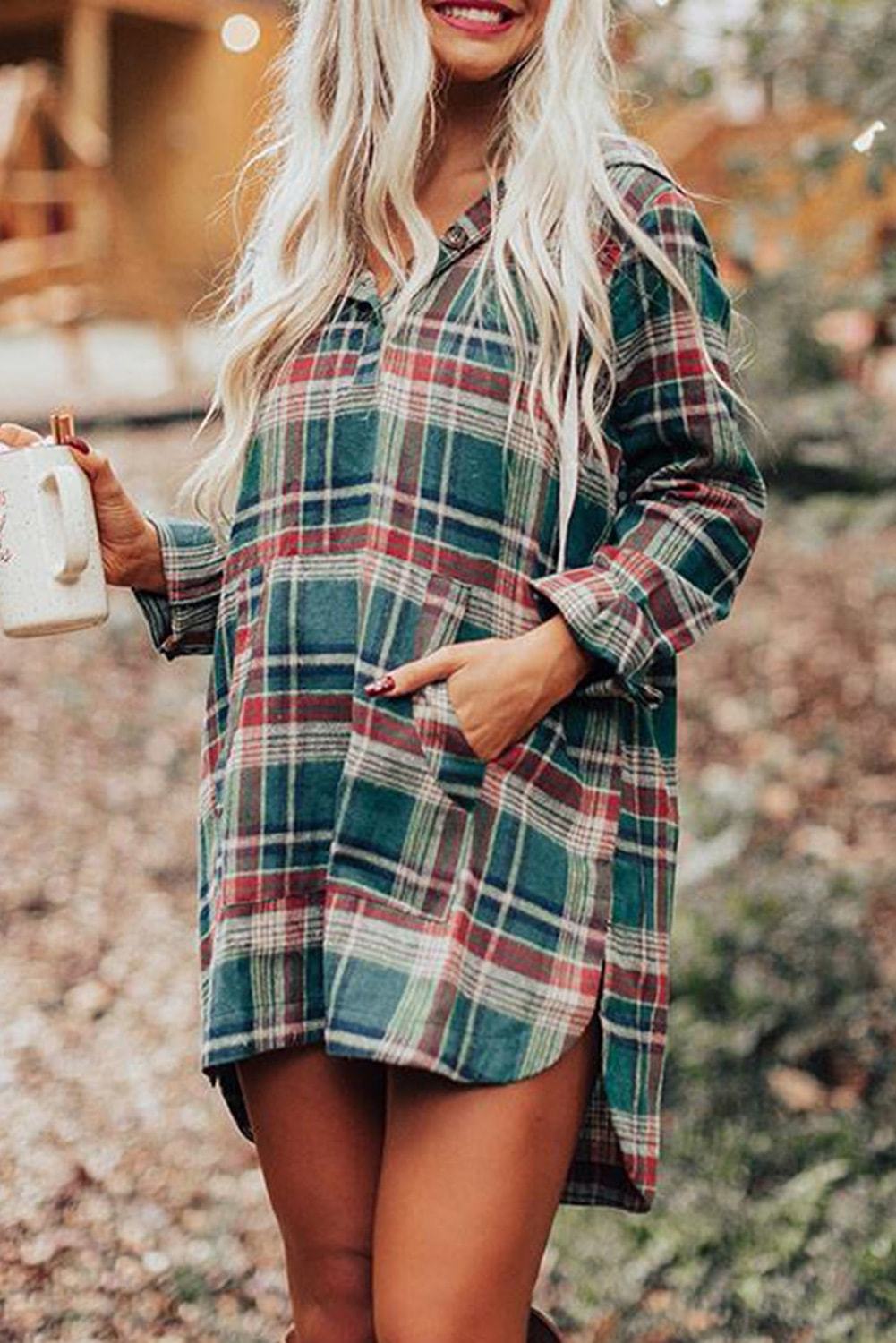 Hooded Button Placket Plaid Mini Dress featuring a high/low hem, in hunter green, red, navy, and white plaid with a drawstring hood.