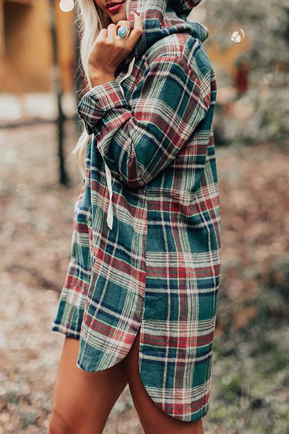 Hooded Button Placket Plaid Mini Dress featuring a high/low hem, in hunter green, red, navy, and white plaid with a drawstring hood.