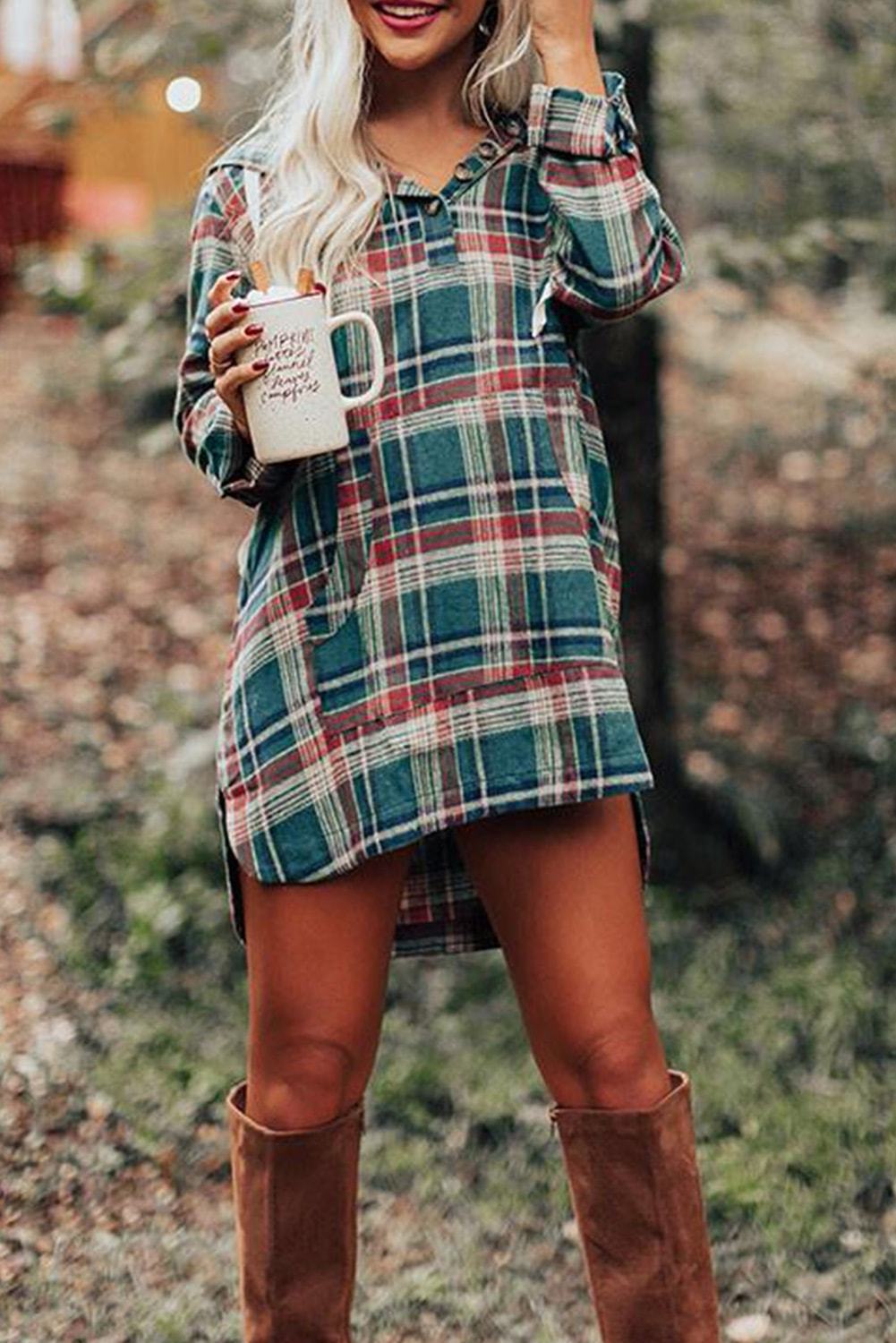 Hooded Button Placket Plaid Mini Dress featuring a high/low hem, in hunter green, red, navy, and white plaid with a drawstring hood.