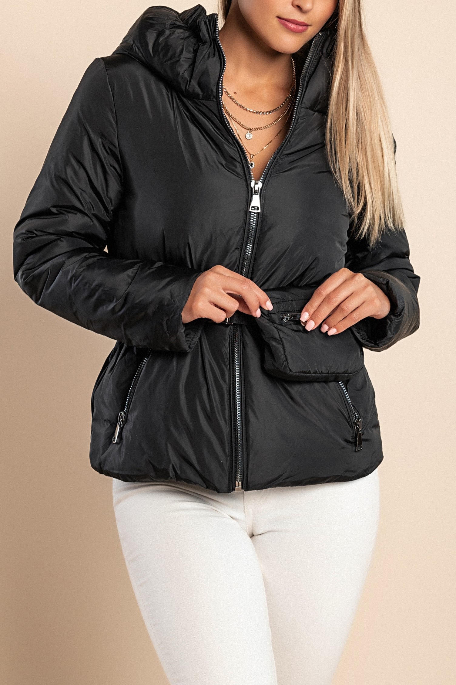 Black hooded jacket 2231 with warm padding, high collar, and side zipper pockets, featuring an elastic belt with bag.