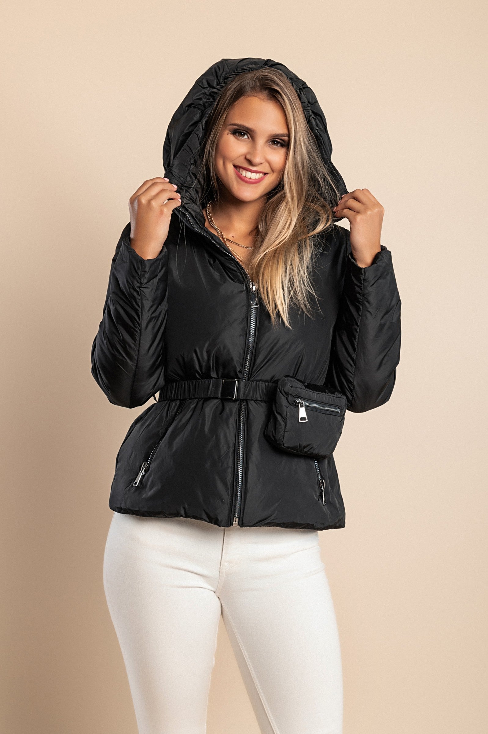 Black hooded jacket with warm padding, high collar, and side zipper pockets, featuring an elastic belt.