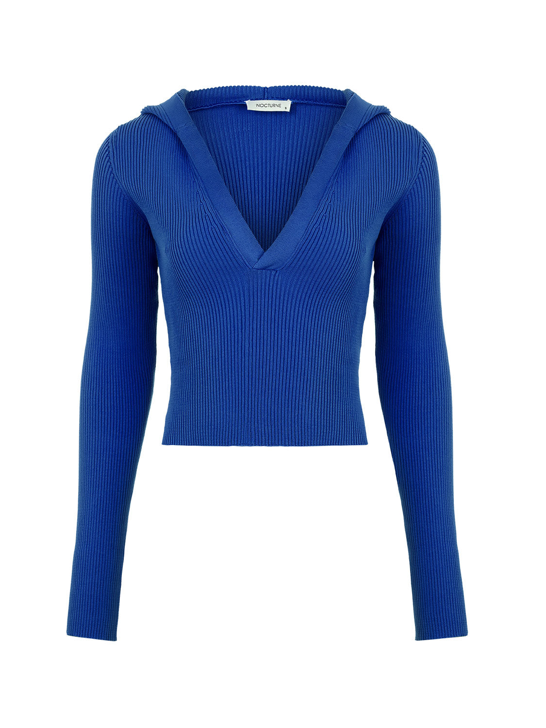 A stylish hooded knit crop top featuring a V-neck design and long sleeves, showcasing vibrant colors and a comfortable fit.