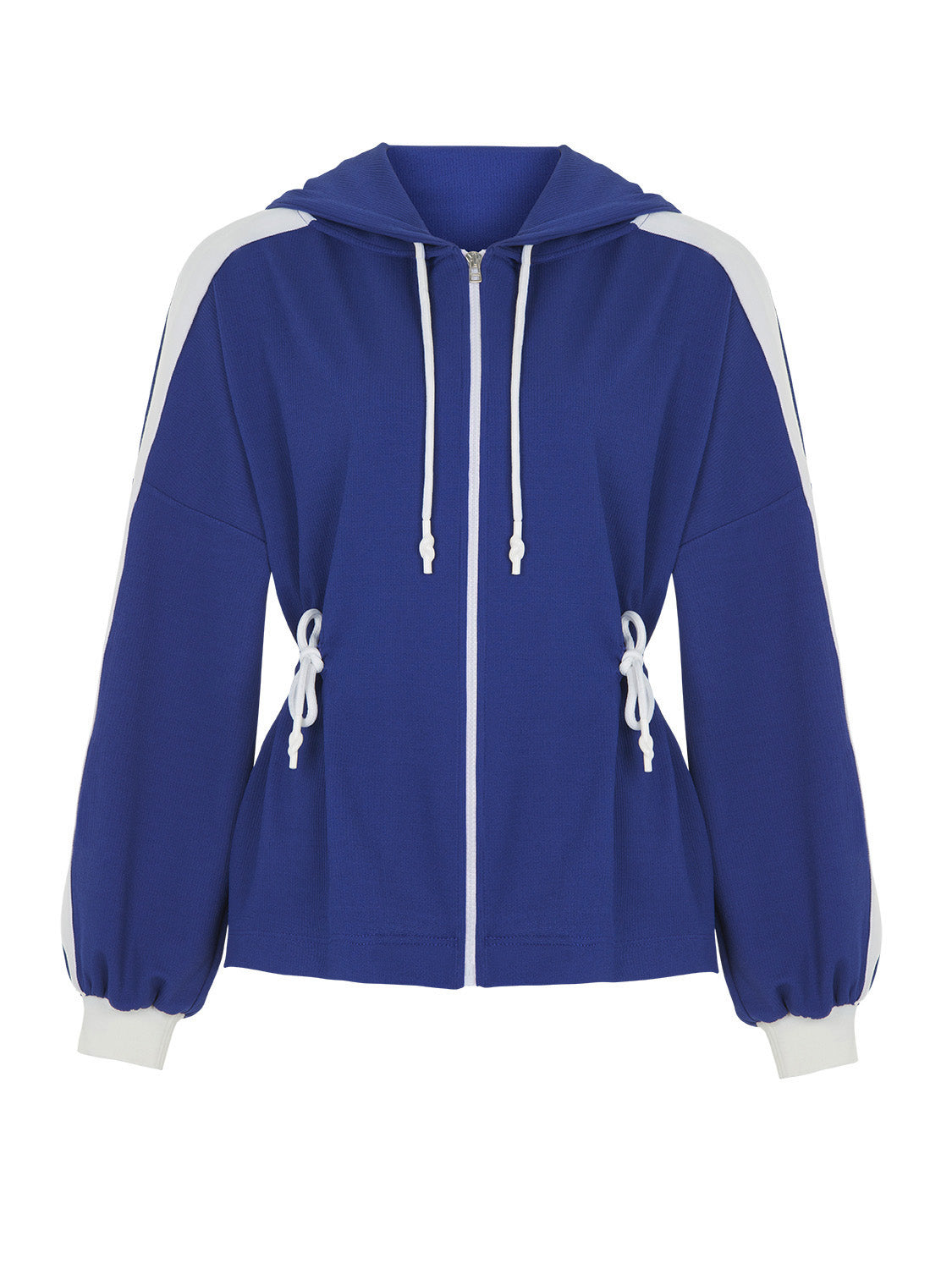 A stylish hooded print jacket featuring a ribbed design, elastic waistband, and vibrant text print on long sleeves.