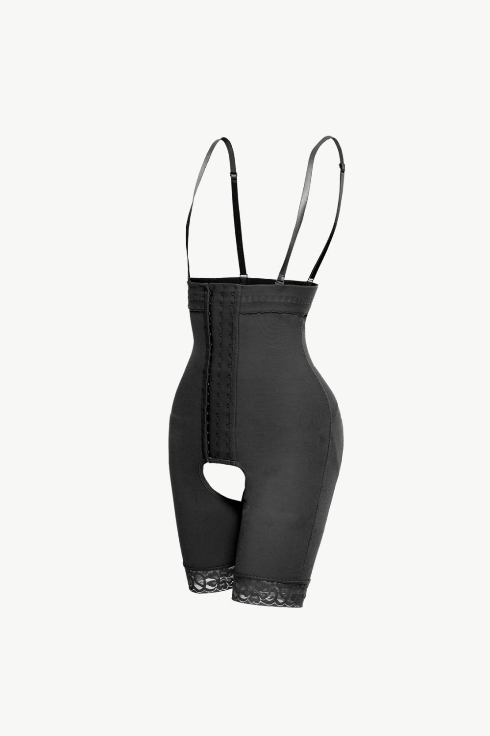 A stylish Hook-and-Eye Lace Trim Shaping Bodysuit featuring elegant lace detailing and a minimalist design, perfect for various occasions.