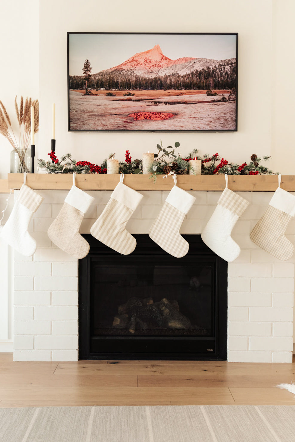 Neutral colored Holiday Chic Stocking with a hanging loop, perfect for festive decor.