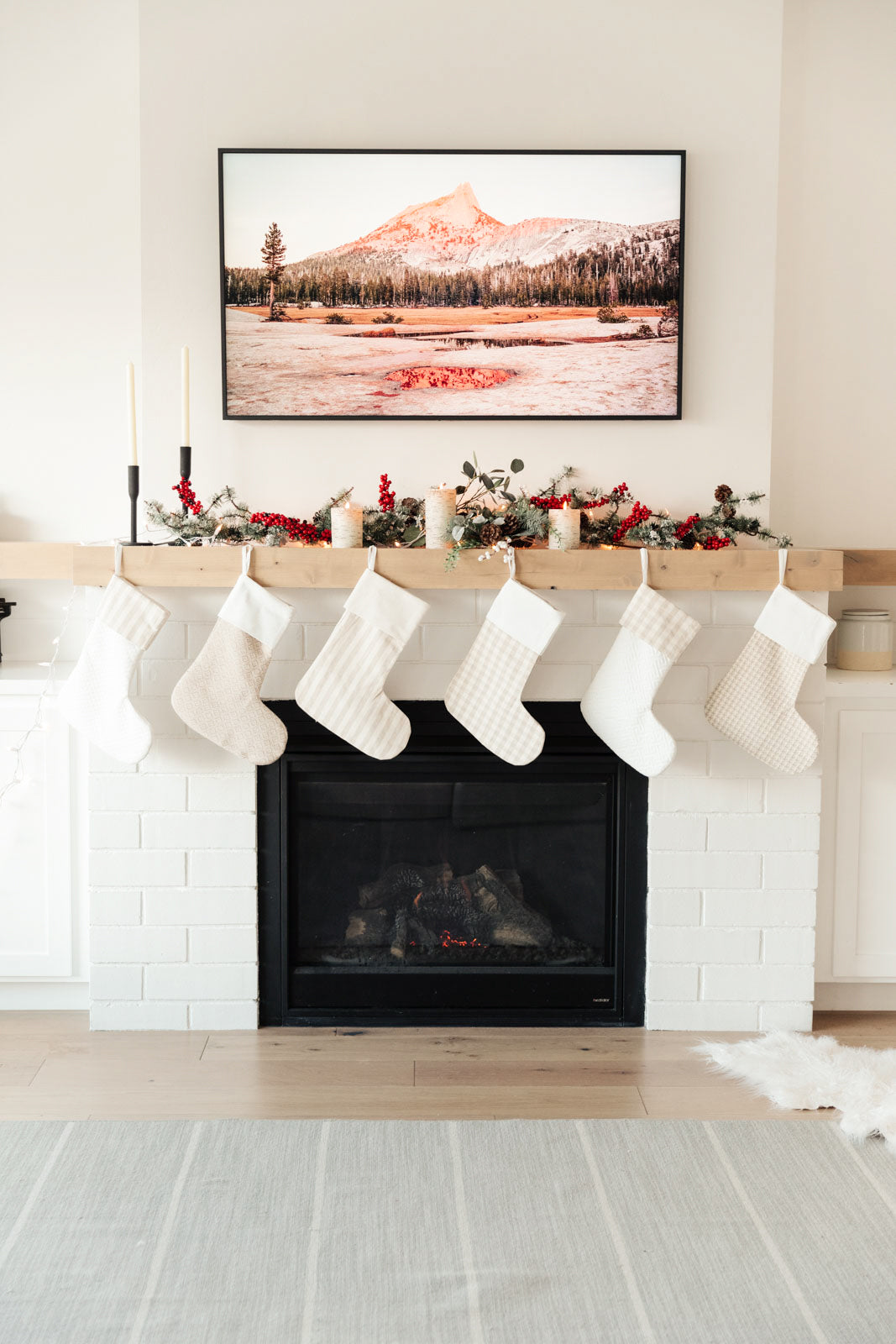 Neutral colored Holiday Chic Stocking with a hanging loop, perfect for festive decor.