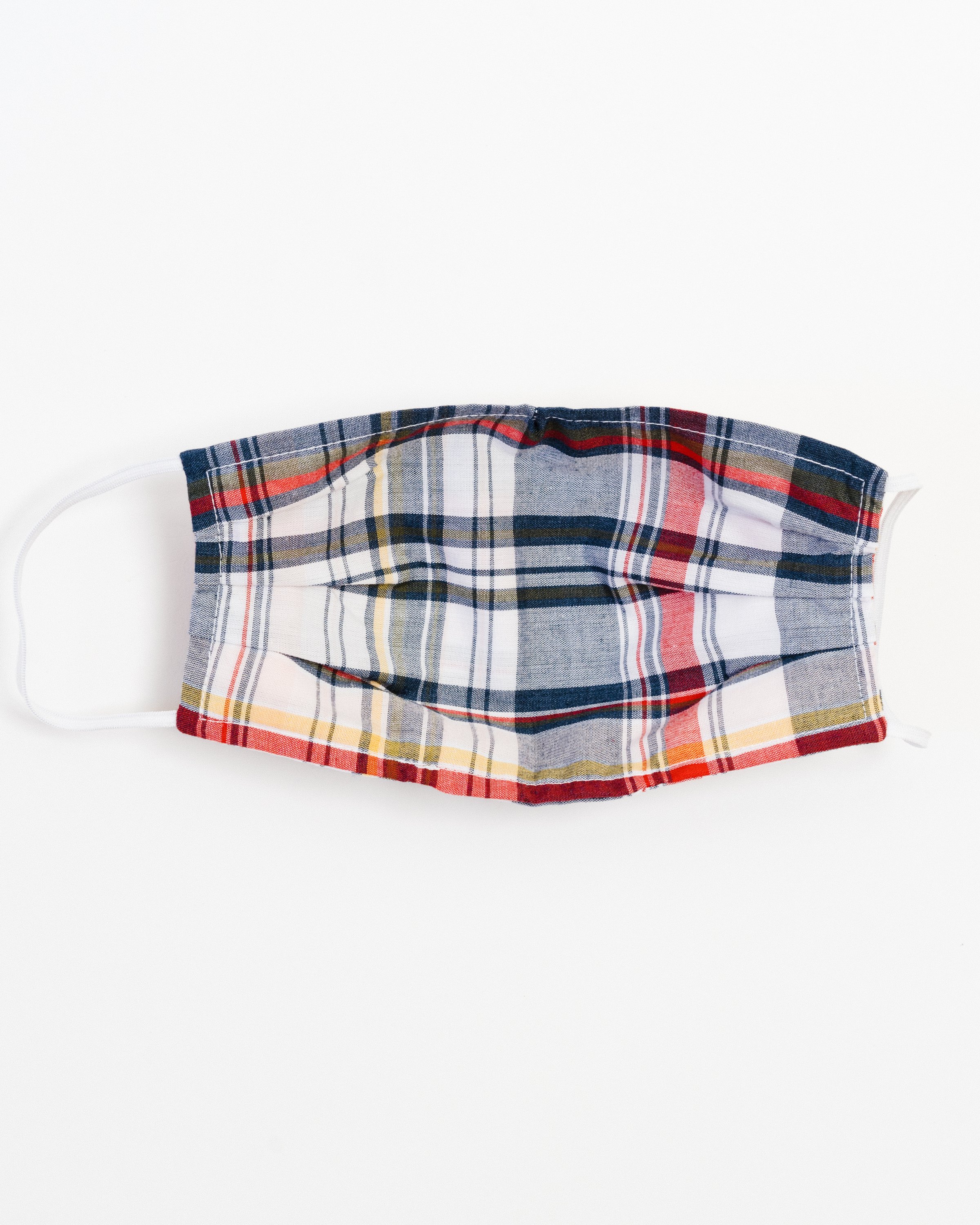 Holiday Plaid Large Face Mask made of breathable cotton with elastic ear straps, featuring a festive plaid design and a filter pocket.