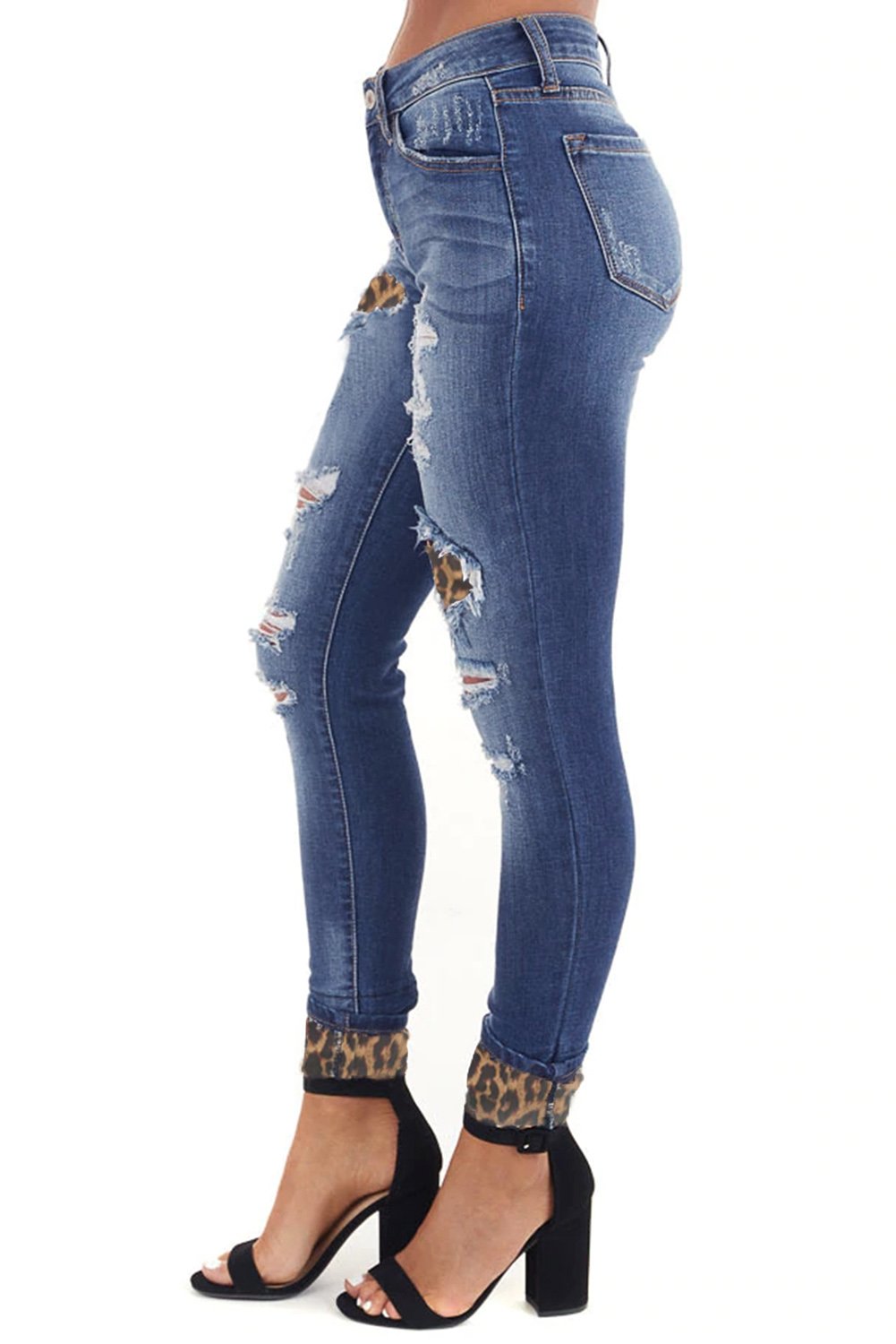 Hollow Out Leopard Patchwork Distressed Jeans showcasing unique design and stylish details.