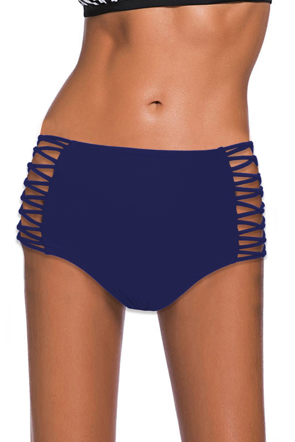 Hollow-out Sides High Waist Swim Bottoms featuring a chic design with cutouts and full back coverage, perfect for stylish beach outings.