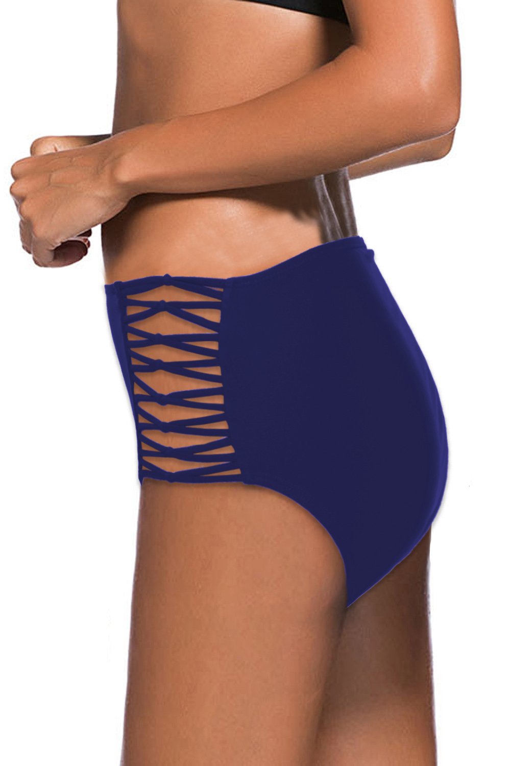 Hollow-out Sides High Waist Swim Bottoms featuring a chic design with cutouts and full back coverage, perfect for stylish beach outings.