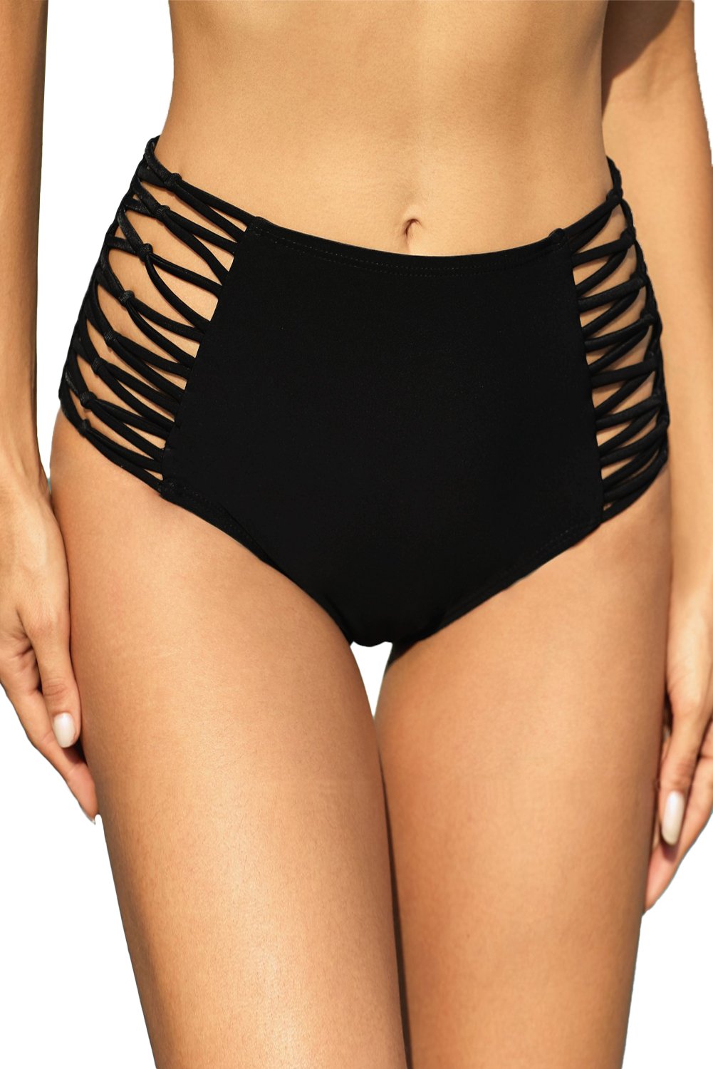 Hollow-out Sides High Waist Swim Bottoms featuring a chic design with cutouts and full back coverage, perfect for stylish beach outings.