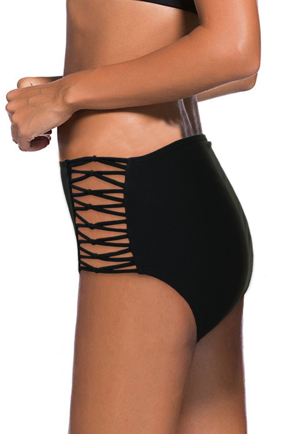 Hollow-out Sides High Waist Swim Bottoms featuring a chic design with cutouts and full back coverage, perfect for stylish beach outings.