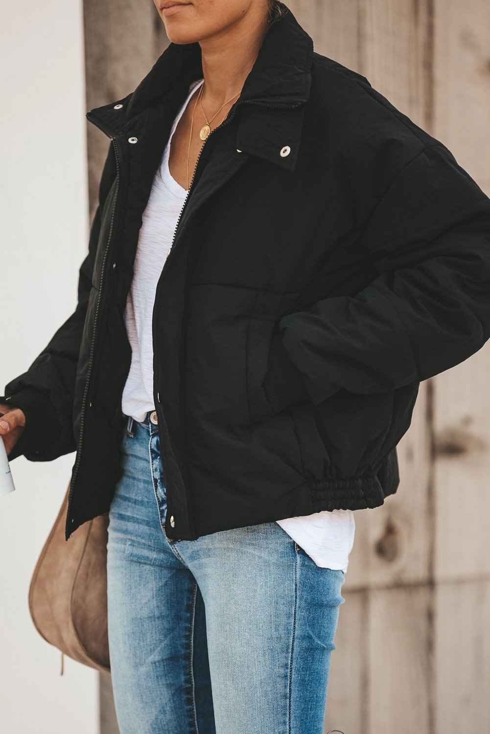 Holly Pocketed Puffer Jacket in stylish design with deep pockets, showcasing its soft fabric and dual closure.