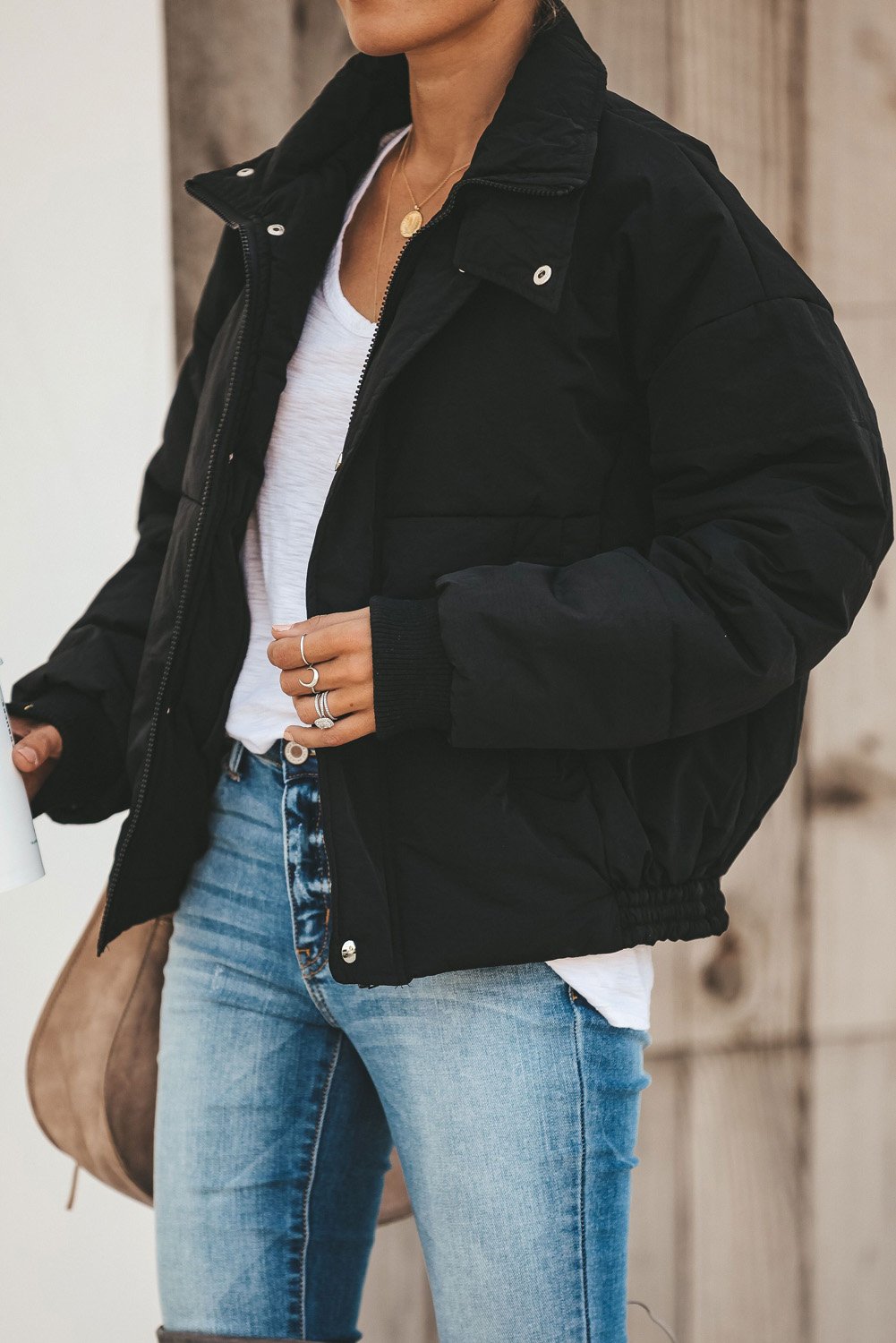 Holly Pocketed Puffer Jacket in stylish design with deep pockets, showcasing its soft fabric and dual closure.