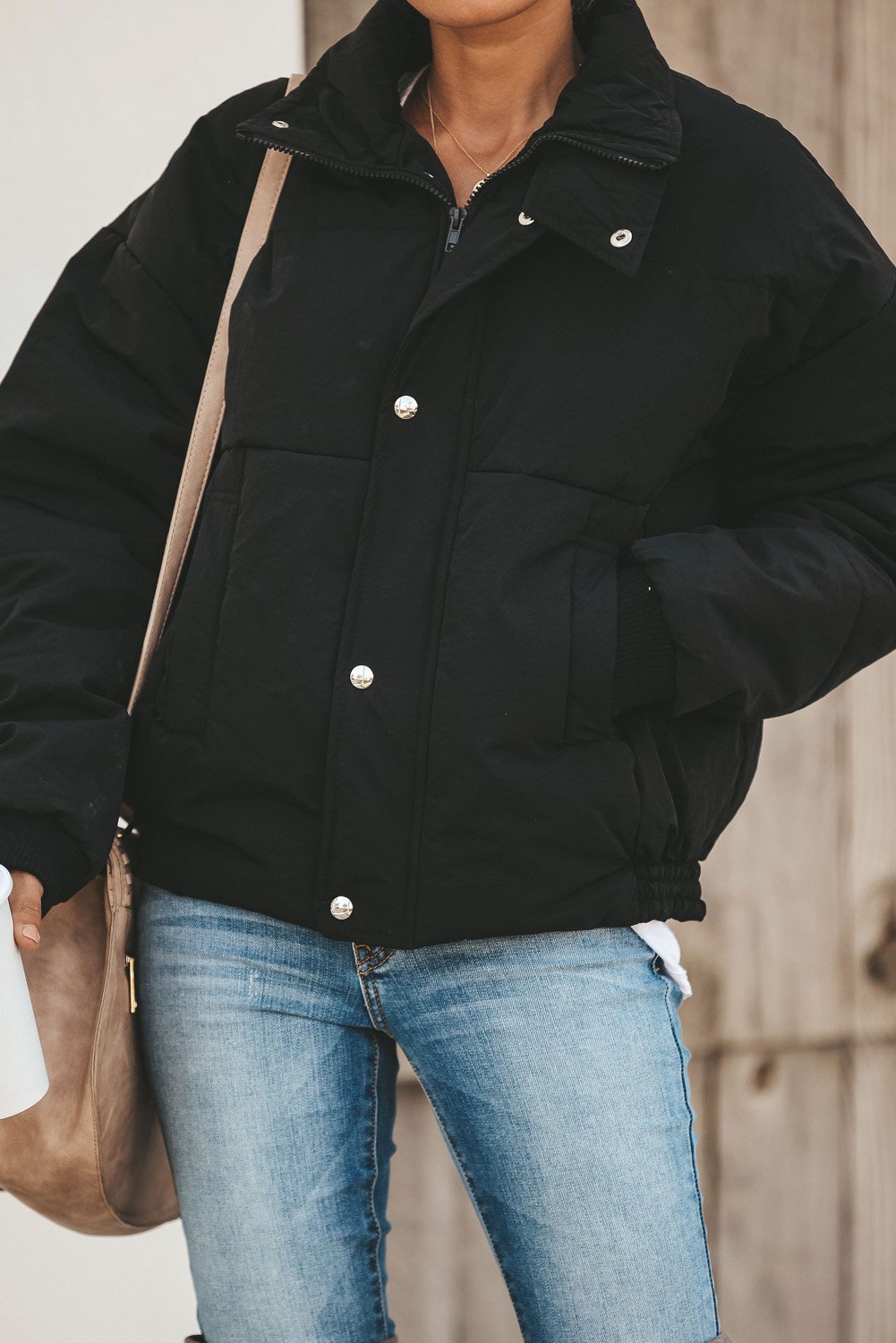 Holly Pocketed Puffer Jacket in stylish design with deep pockets, showcasing its soft fabric and dual closure.