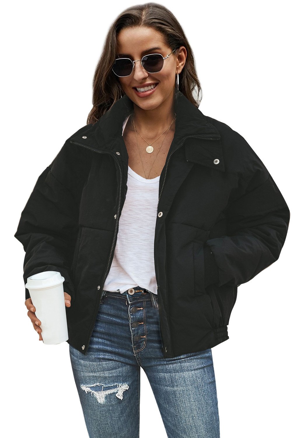 Holly Pocketed Puffer Jacket in stylish design with deep pockets, showcasing its soft fabric and dual closure.