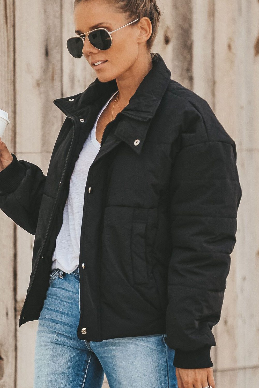 Holly Pocketed Puffer Jacket in stylish design with deep pockets, showcasing its soft fabric and dual closure.