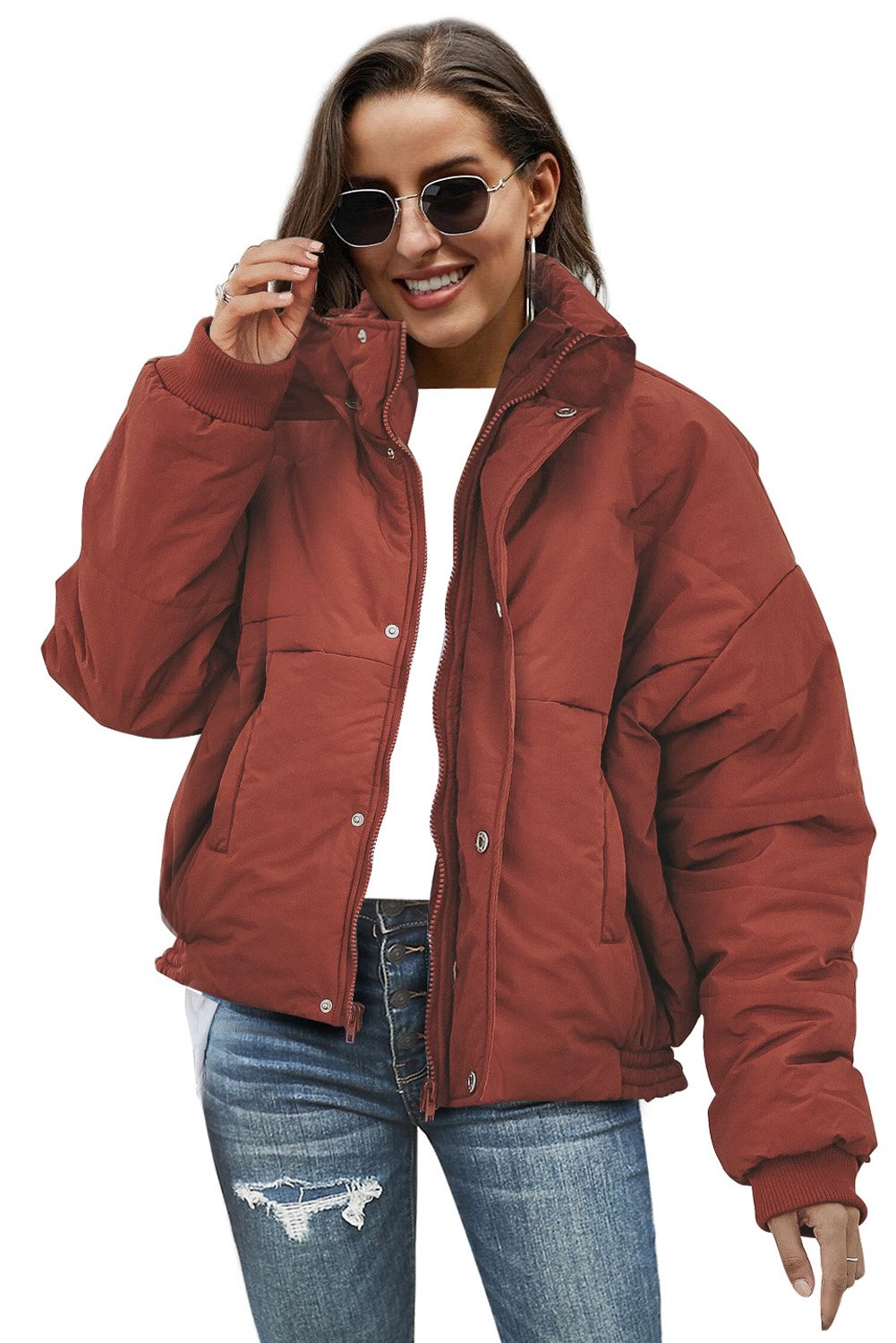 Holly Pocketed Puffer Jacket in stylish design with deep pockets, showcasing its soft fabric and dual closure.