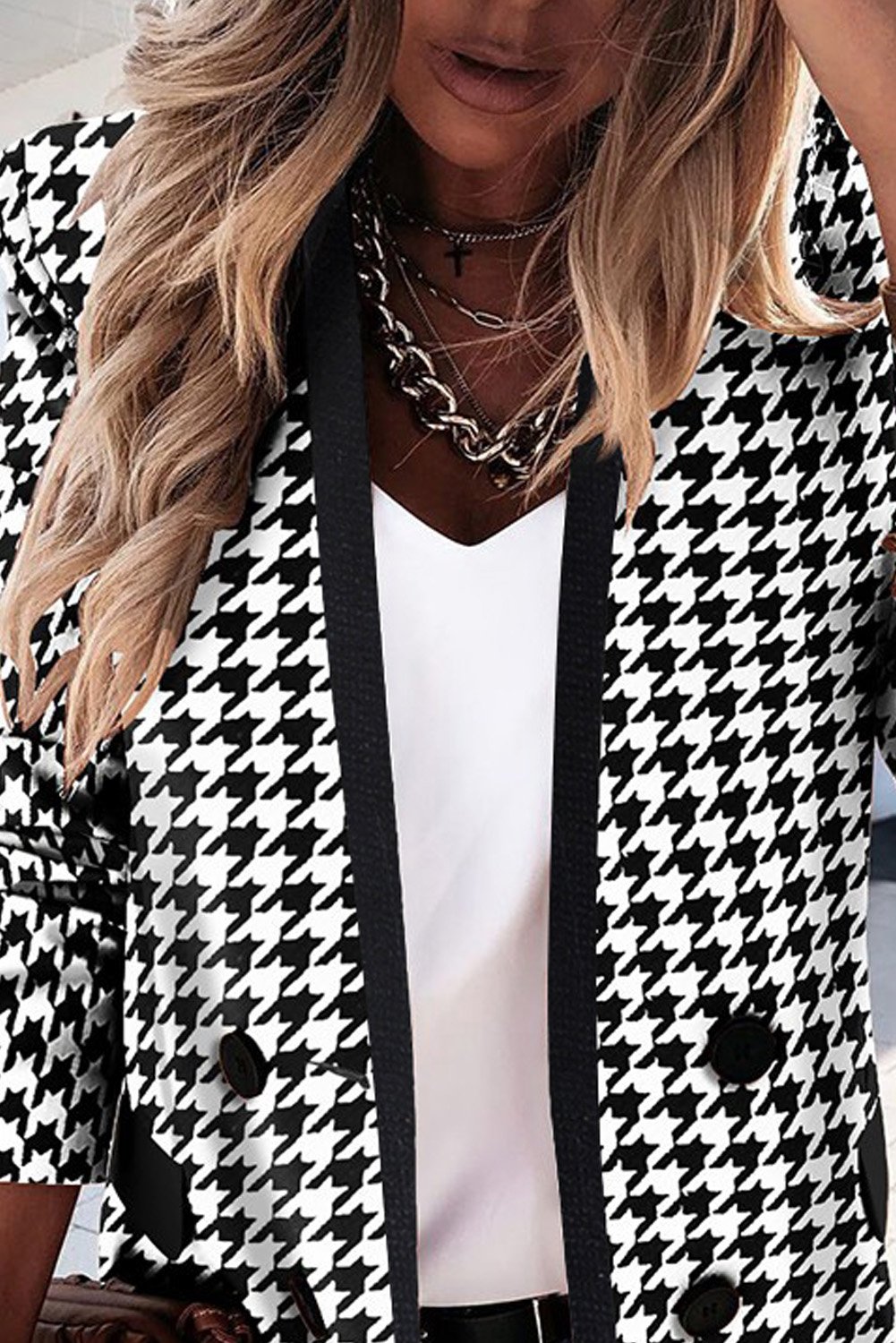 A stylish Houndstooth Double Breasted Long Sleeve Blazer Coat featuring a classic black and white pattern, designed for elegance and sophistication.