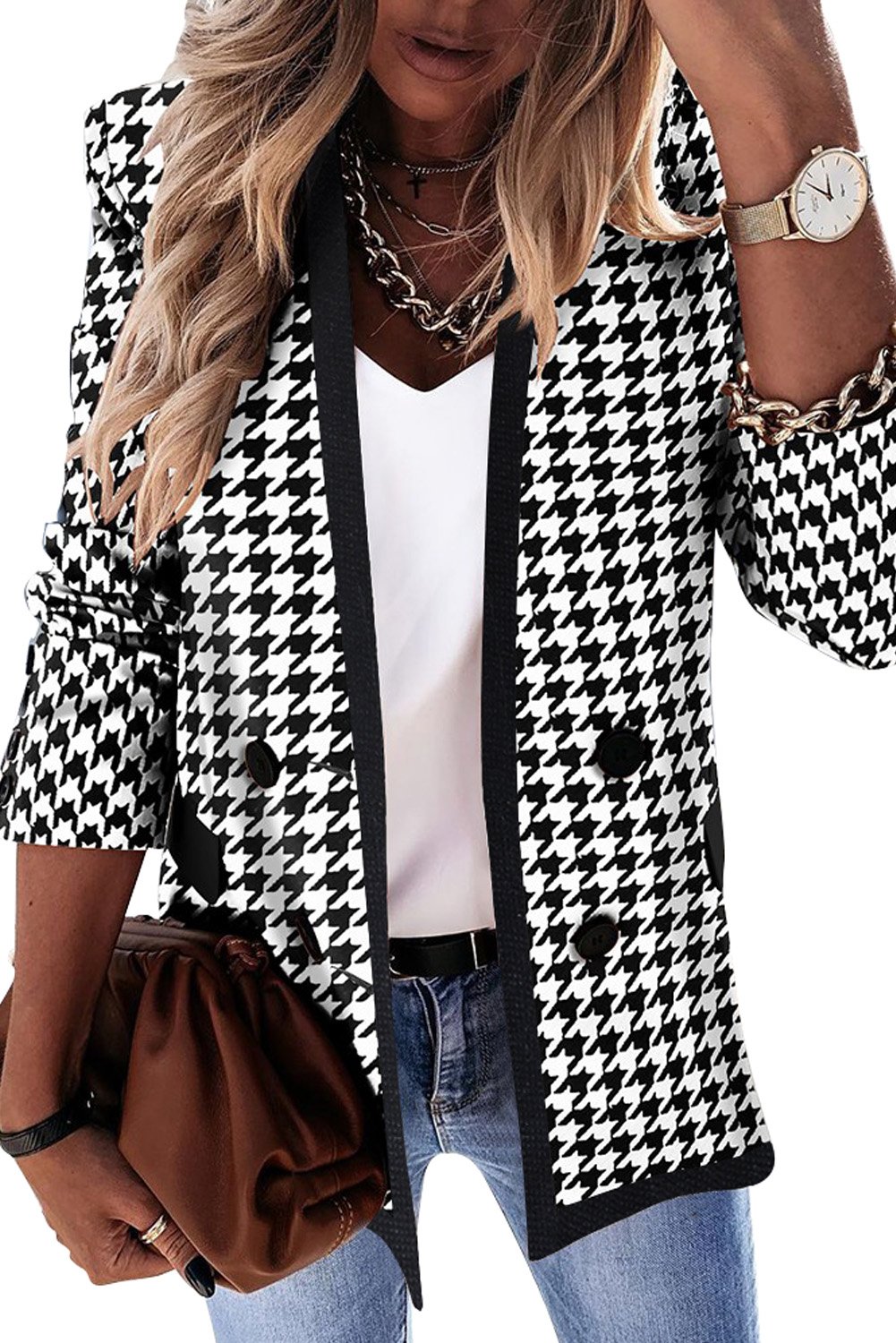 A stylish Houndstooth Double Breasted Long Sleeve Blazer Coat featuring a classic black and white pattern, designed for elegance and sophistication.