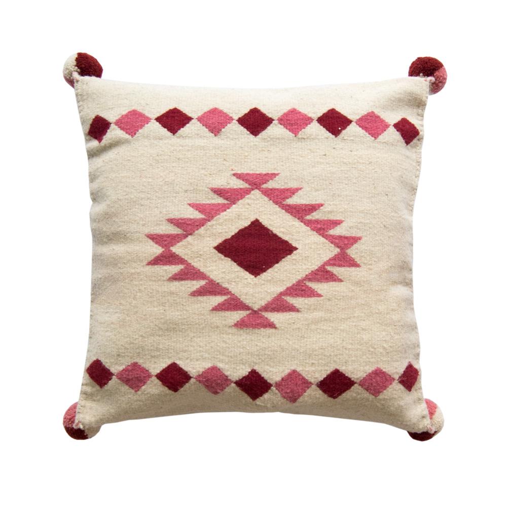 Hruzaani Carpet Accent Pillow featuring a pink diamond geometric design, handmade with wool and cotton, showcasing traditional craftsmanship.