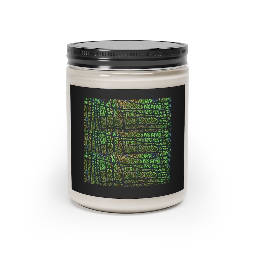 Hulk Lover Art scented candle in a glass container, featuring a vibrant label and a warm glow, showcasing its vegan soy coconut wax.