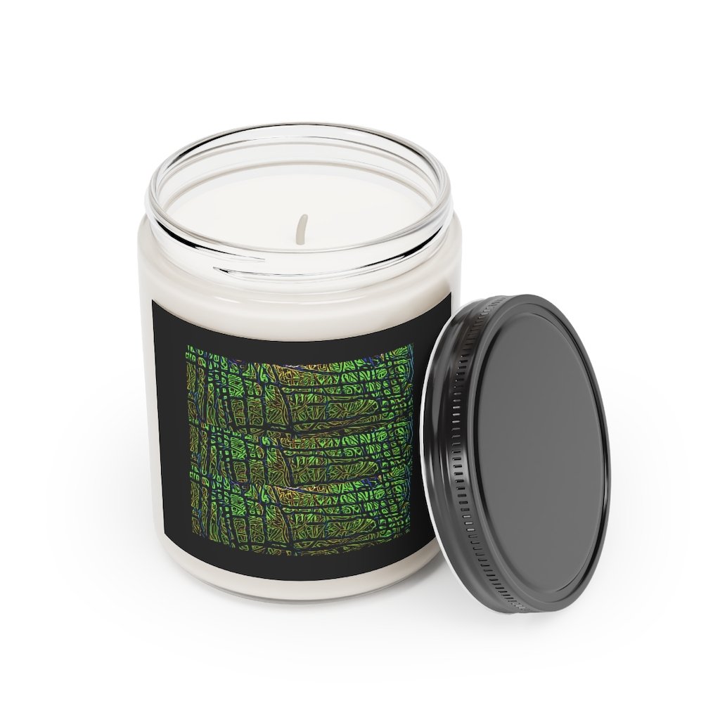 Hulk Lover Art scented candle in a glass container, featuring a vibrant label and a warm glow, showcasing its vegan soy coconut wax.