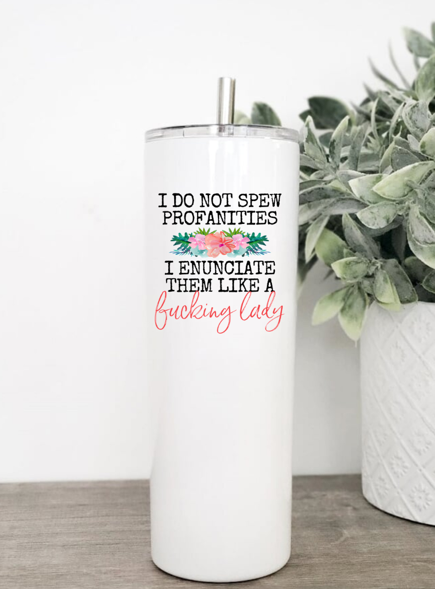 I Don’t Spew Profanities Sweary Floral Tumbler in vibrant colors with a clear slider lid and stainless steel straw.