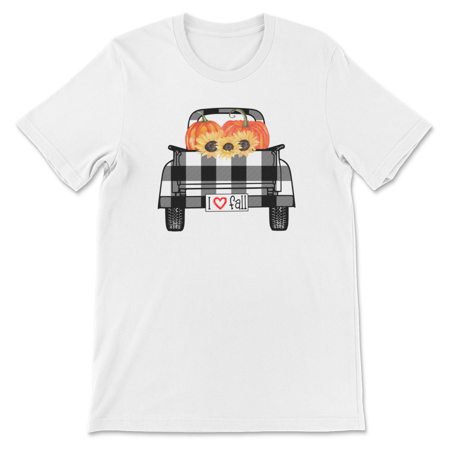 I Love Fall Plaid Truck Tee featuring a colorful plaid truck design, perfect for autumn wear.